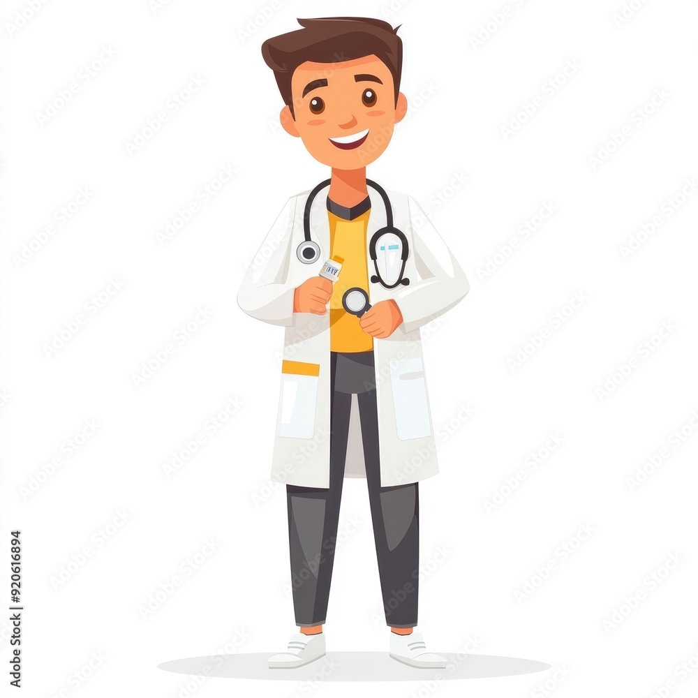 Smiling Doctor Holding Stethoscope and Syringe Smiling Doctor Holding Stethoscope and Syringe