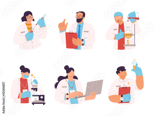 Set of nurse, doctor, and scientists in lab performing various experiments. Professional lab research, chemistry doctor workers and science researchers. Flat vector illustration