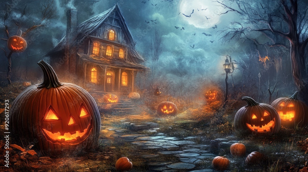 Halloween background with pumpkins and haunted house Halloween background with pumpkins and haunted house
