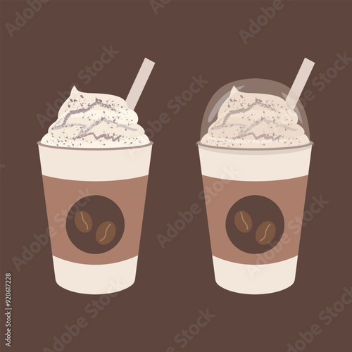 Frappuccino vector illustration. Coffee smoothie with cream and syrup. Delicious drinks.