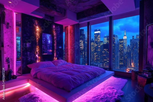 Modern Urban Bedroom with Neon Lighting Overlooking City Skyline at Night