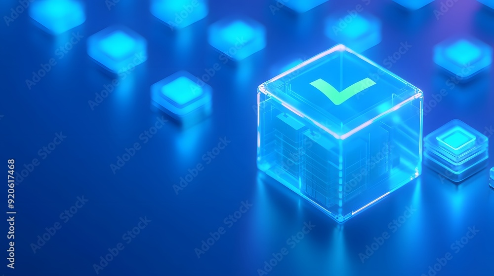 Glowing blue cube with a check mark symbol, representing blockchain technology, verification, and digital security. Futuristic tech concept. Glowing blue cube with a check mark symbol, representing blockchain technology, verification, and digital security. Futuristic tech concept.