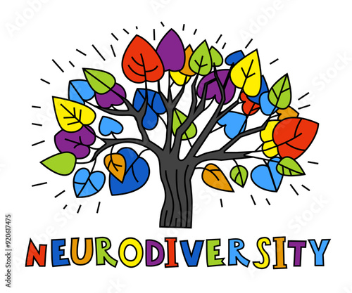 Neurodiversity poster. A tree with multicolored leaves representing neurons.