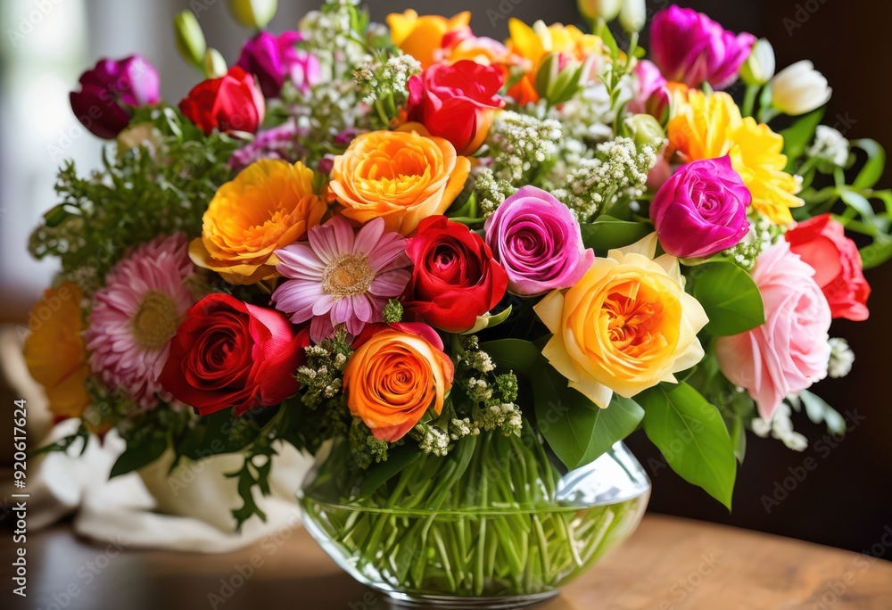 Obraz premium colorful vibrant flower bouquets perfect celebrating day bright blooms lush greenery, petal, arrangement, floral, decor, design, gift, seasonal, artisan