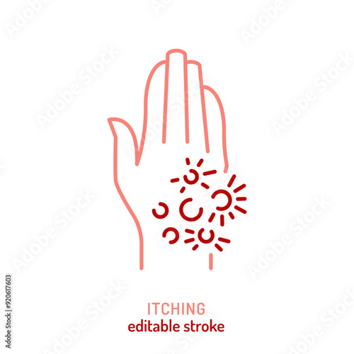 Itching icon. Editable stroke. Eczema, psoriasis linear sign.