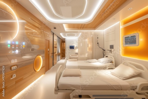 Futuristic Hospital Patient Room with Advanced Technology and Modern Design - Ideal for Healthcare Publications and Visual Media