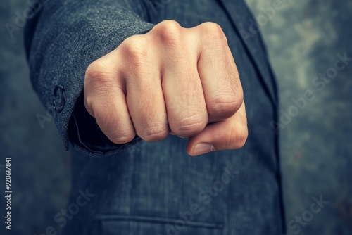 Close-up of an angry man's fist, wearing a suit and jeans, background is gray.