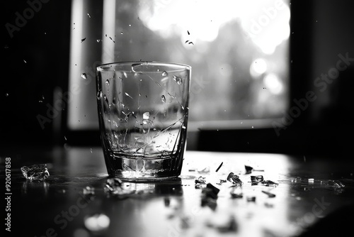 Black and white photography of an empty glass on the table, broken pieces scattered around.