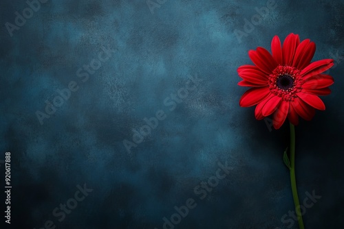 Photo of a red gerbera flower on dark blue background, top view with copy space concept.