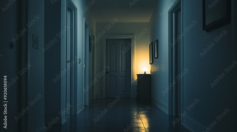 A lone nightlight illuminates a dark hallway, with closed doors to family members' rooms, representing a child's feeling of being alone within the home. A lone nightlight illuminates a dark hallway, with closed doors to family members' rooms, representing a child's feeling of being alone within the home.