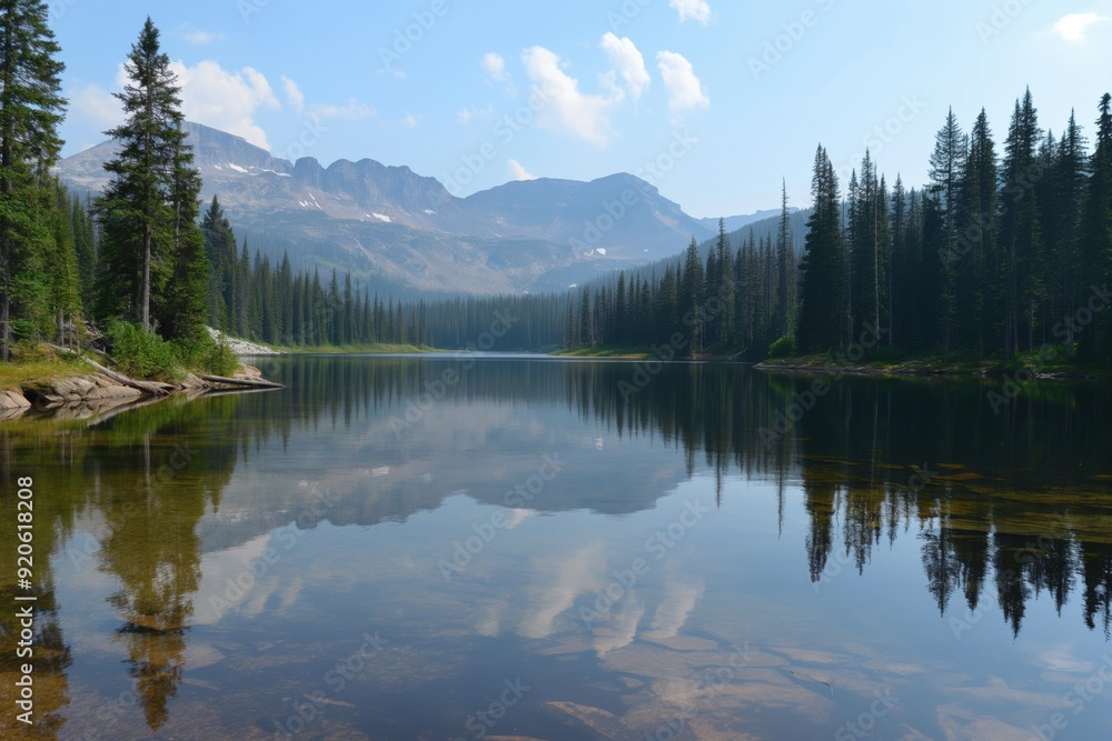 Crystal clear water reflecting the blue sky and clouds on a pristine mountain lake surrounded by pine trees Crystal clear water reflecting the blue sky and clouds on a pristine mountain lake surrounded by pine trees