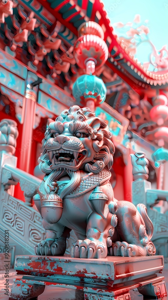 Obraz premium Cyber stone lion statue and lantern abstract background