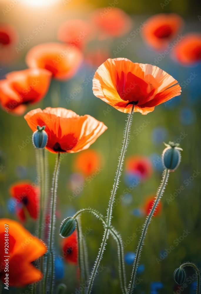 Fototapeta premium vibrant poppy blooms contrast beautifully gentle soft backdrop green blue hues, flower, color, petal, spring, nature, garden, beauty, landscape, bright