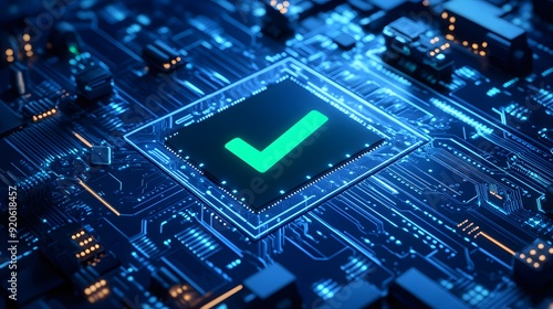 High-tech circuit board with a glowing green checkmark represents successful verification or approval in a digital environment.