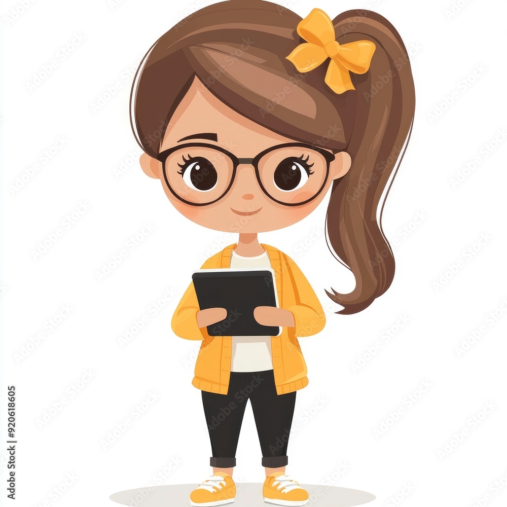 Cute Cartoon Girl Using Tablet Device Cute Cartoon Girl Using Tablet Device