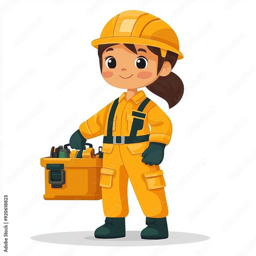 Cute Cartoon Girl Construction Worker Holding a Toolbox Cute Cartoon Girl Construction Worker Holding a Toolbox