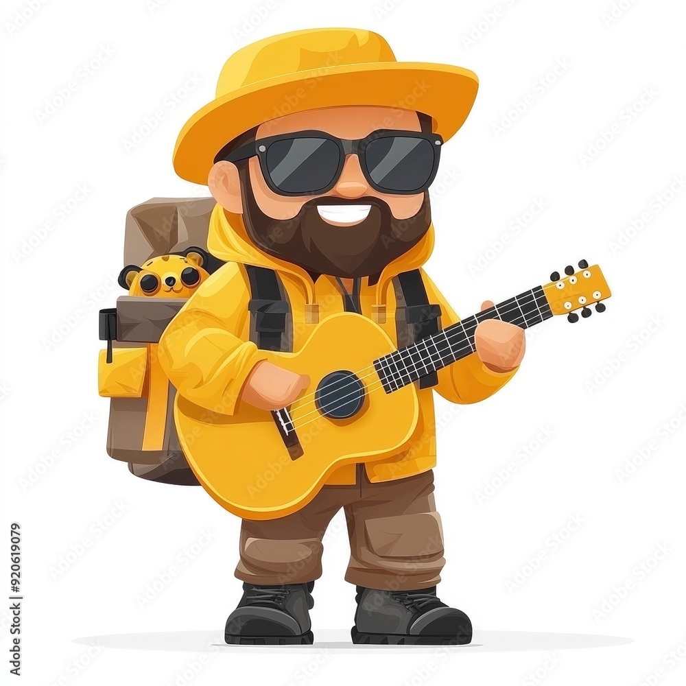 Backpacker playing guitar with stuffed animal Backpacker playing guitar with stuffed animal