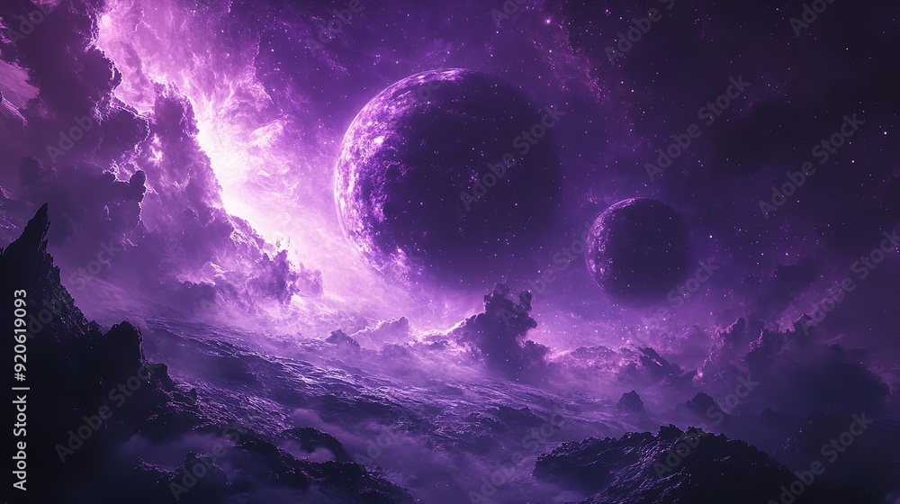 A space scene with a pink planet and a purple cloud. The sky is filled with stars and the clouds are pink A space scene with a pink planet and a purple cloud. The sky is filled with stars and the clouds are pink