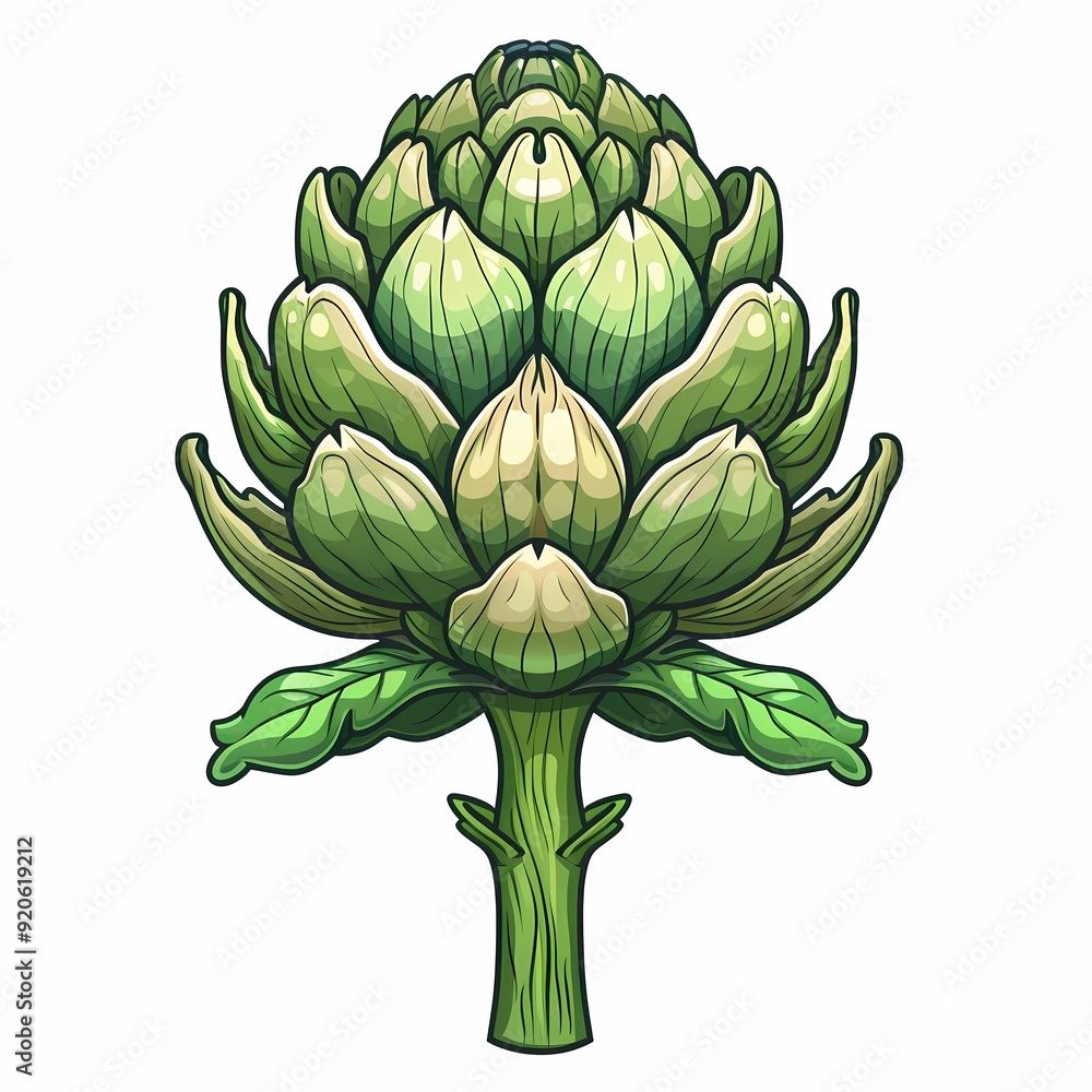 Fototapeta premium Cartoon illustration of an artichoke with a green stem and leaves.