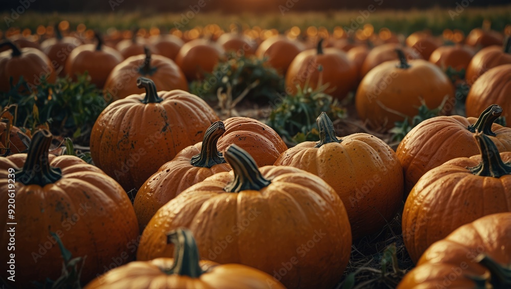 Harvest Glow Ripe Pumpkins in Field at Sunset on Thanksgiving Harvest Glow Ripe Pumpkins in Field at Sunset on Thanksgiving