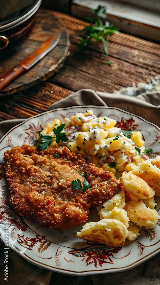 Breaded wiener schnitzel with potato fries and sauce on wooden table. Close up vuew. AI generated illustration Breaded wiener schnitzel with potato fries and sauce on wooden table. Close up vuew. AI generated illustration