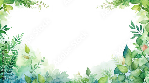 Spring Frame Background with empty space. Frame with a white center, surrounded by watercolor illustrations of various plants and flowers. Green leaves. Empty white space in the middle. Greeting cards