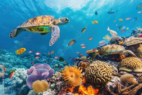 Two sea turtles swimming peacefully in crystal clear water over a colorful coral reef