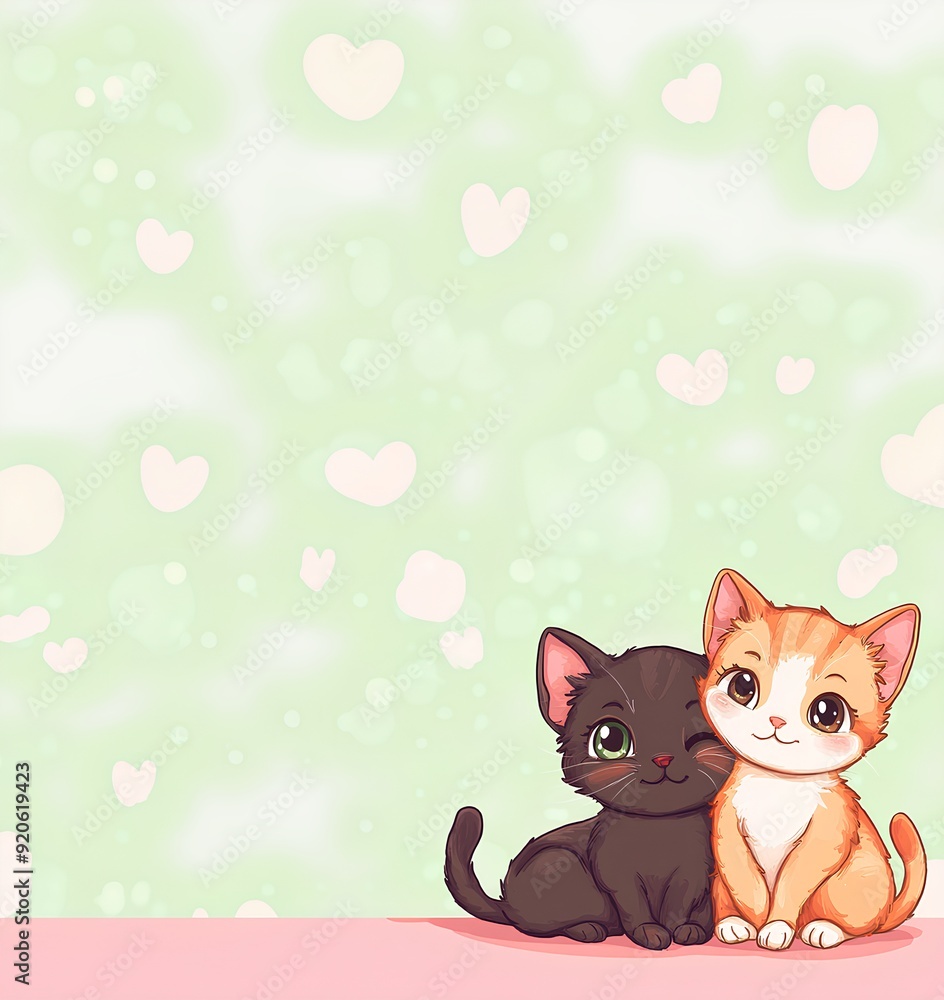 Two cute cartoon cats sitting together on pink background with hearts. Template for quotes, and greetings cards. Two cute cartoon cats sitting together on pink background with hearts. Template for quotes, and greetings cards.