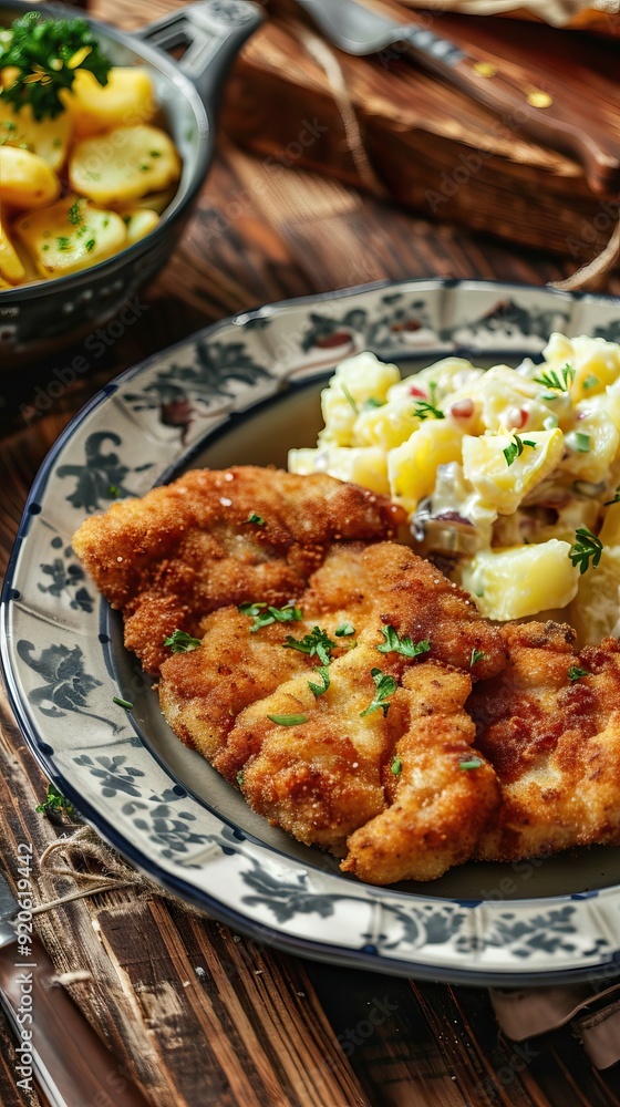 Homemade breaded german weiner schnitzel with potatoes. AI generated illustration Homemade breaded german weiner schnitzel with potatoes. AI generated illustration
