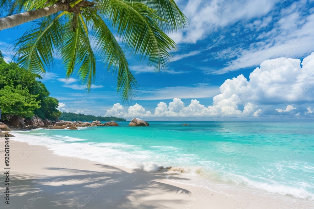 Palm tree casting a shadow on a pristine white sand beach with turquoise water gently lapping the shore Palm tree casting a shadow on a pristine white sand beach with turquoise water gently lapping the shore