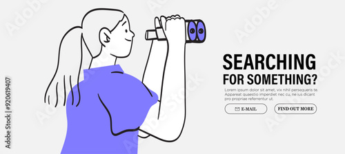Woman stand and look in binocular searching for job or inspiration. Career or personal growth. Educational choice process web banner, landing page or poster for startup or courses in outline style.