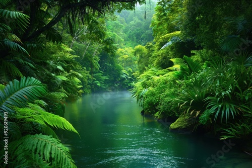 Tranquil river flowing through a vibrant green jungle, with lush vegetation and a sense of peace and tranquility