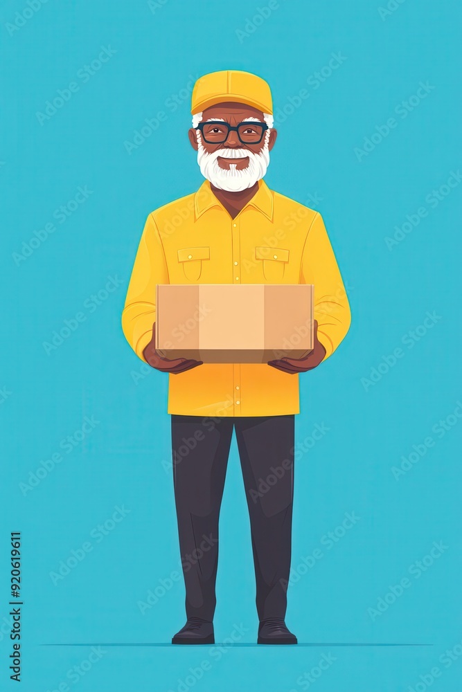 Senior Delivery Worker in Yellow Uniform Holding a Box on Blue Background Senior Delivery Worker in Yellow Uniform Holding a Box on Blue Background