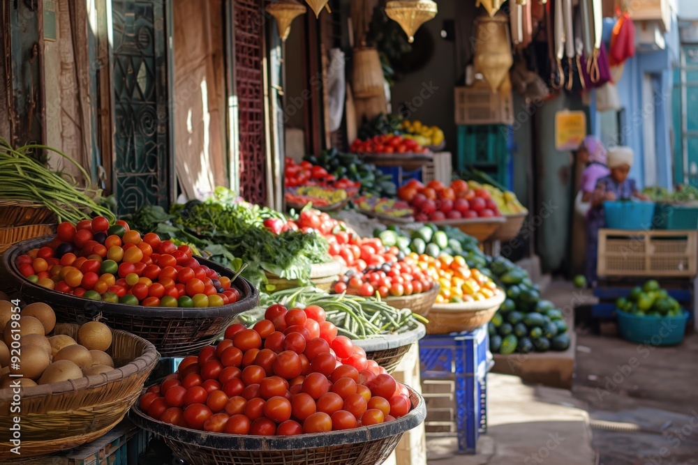 Baskets overflowing with fresh, colorful produce create an appealing display at a traditional moroccan market Baskets overflowing with fresh, colorful produce create an appealing display at a traditional moroccan market
