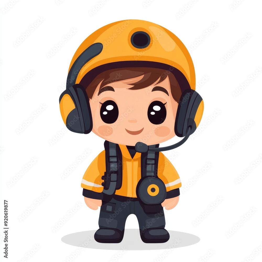 Cute Cartoon Pilot Wearing Yellow Helmet and Headset Cute Cartoon Pilot Wearing Yellow Helmet and Headset
