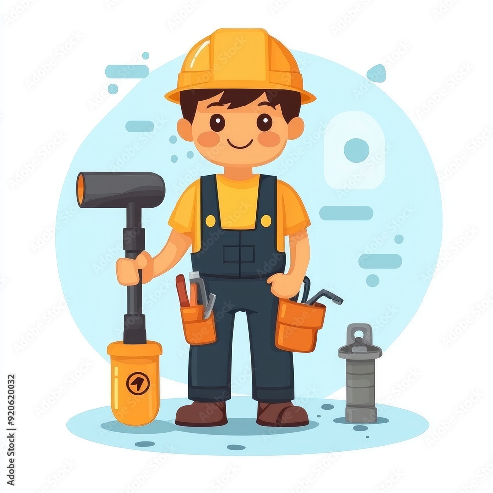 Happy Plumber Holding Tools and Standing in Front of a Blue Circle Happy Plumber Holding Tools and Standing in Front of a Blue Circle
