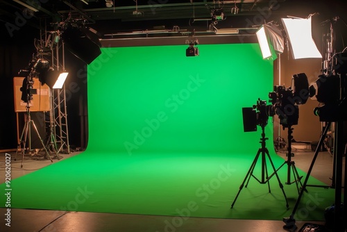 A green screen studio set up with lighting equipment, including a large green screen and tripods