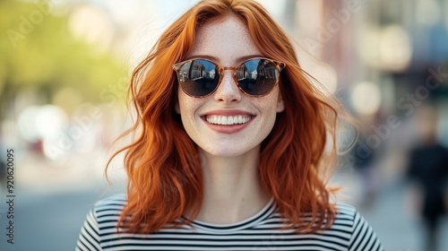 Portrait of a happy redhead woman with sunglasses and a striped t-shirt smiling at the camera on a city street, copy space for text, vibrant colors,