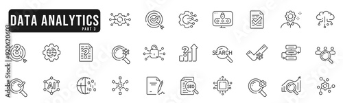 Set of data analysis line icons. Graph, search, network, cloud, database etc. Editable stroke. Part 3