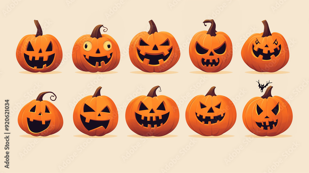 Vector set of Halloween pumpkins with different faces, vector graphics on a beige background. Silhouette collection of halloween pumpkin characters in flat design, graphic elements Vector set of Halloween pumpkins with different faces, vector graphics on a beige background. Silhouette collection of halloween pumpkin characters in flat design, graphic elements