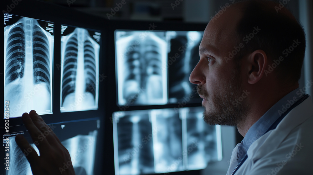 A close-up of a doctor examining X-rays or medical scans on a lightbox or computer, focused and analyzing the images A close-up of a doctor examining X-rays or medical scans on a lightbox or computer, focused and analyzing the images