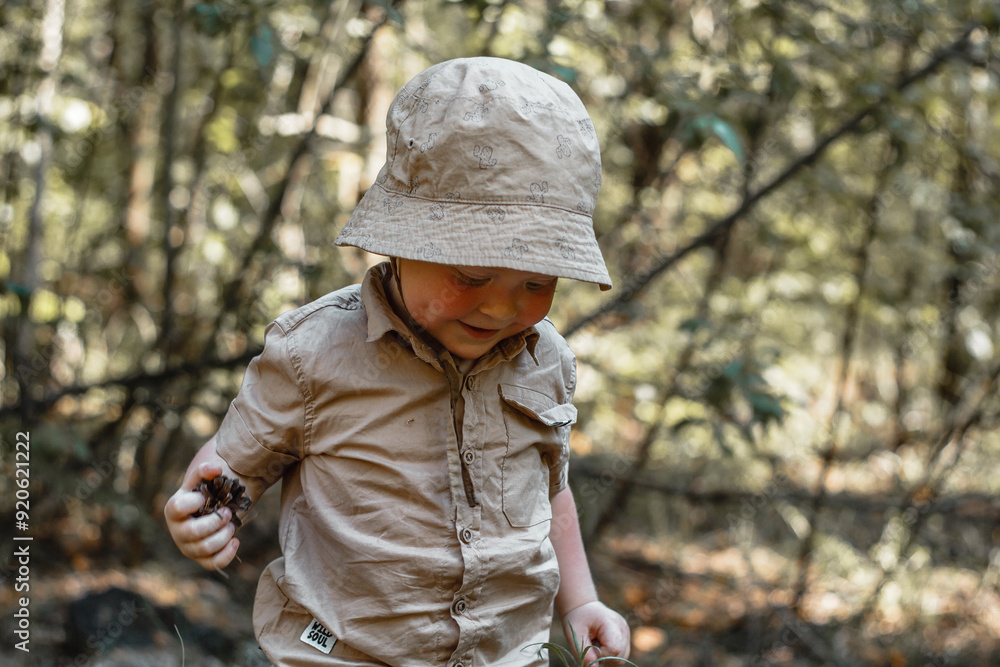 Portrait of a little boy in a panama hat with cones in his hands in the forest Portrait of a little boy in a panama hat with cones in his hands in the forest
