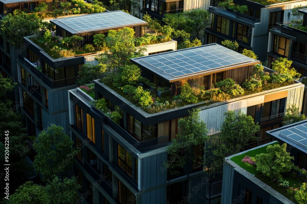 Eco-friendly residential complex, incorporating solar panels and green ...