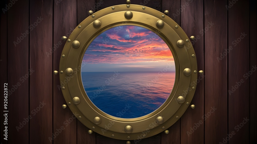 A ship's porthole with a view of a vast ocean under a sunset A ship's porthole with a view of a vast ocean under a sunset