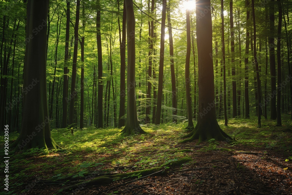 Obraz premium Sunlight is illuminating a tranquil forest with lush green trees, creating a serene and peaceful atmosphere