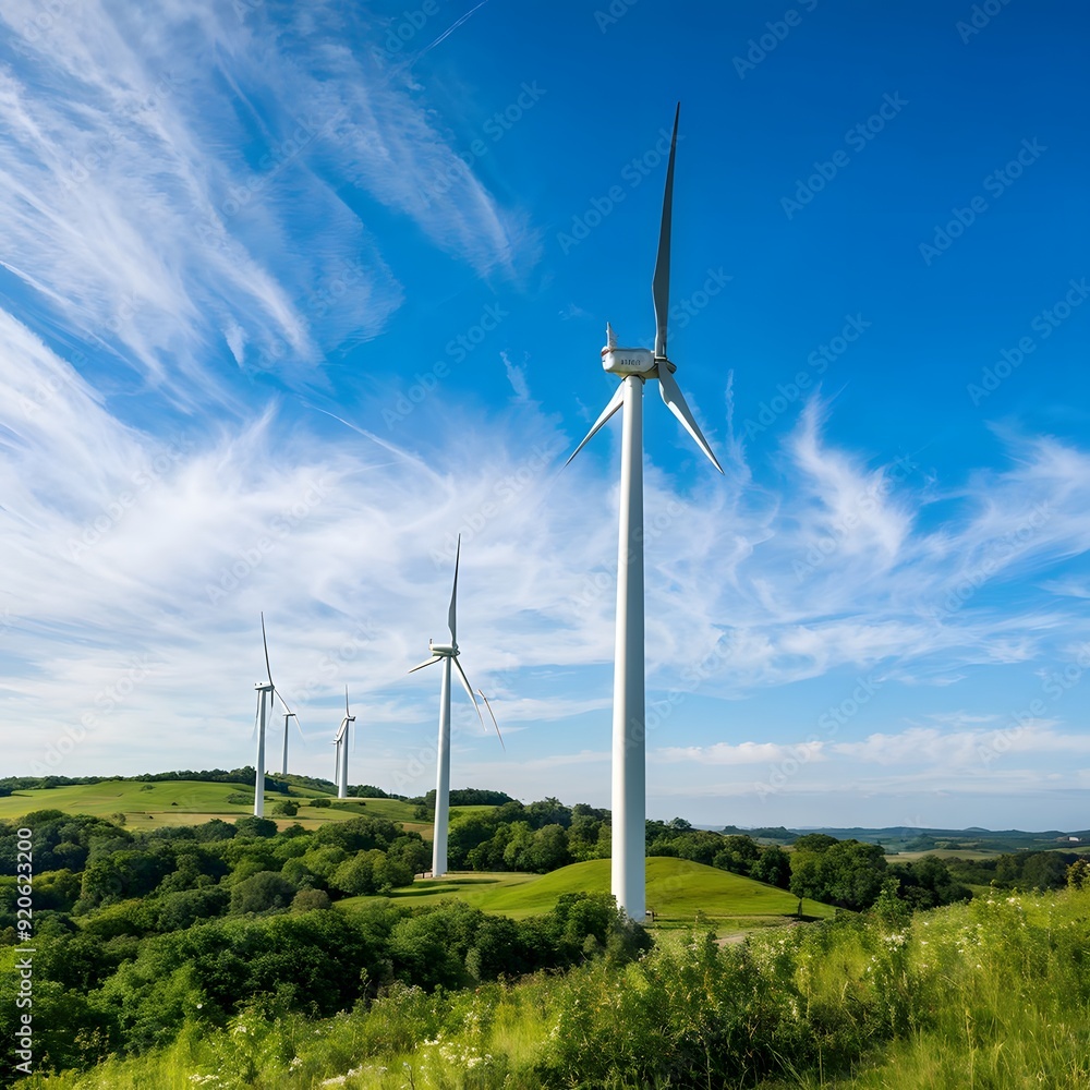 Wind turbines on a green hillside under blue skies Wind turbines on a green hillside under blue skies