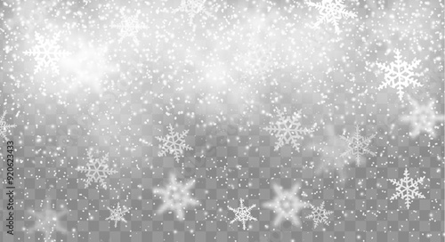 Realistic snow background with snowflakes. Vector Christmas winter overlay with falling flakes, xmas or New Year layout template with wintertime crystalline ice formations descending from the sky