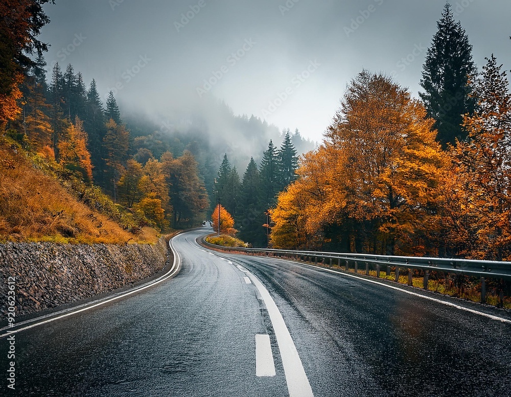 Golden Passage: Winding Road Through Rain-Soaked Forest Hills
Golden Passage: Winding Road Through Rain-Soaked Forest Hills