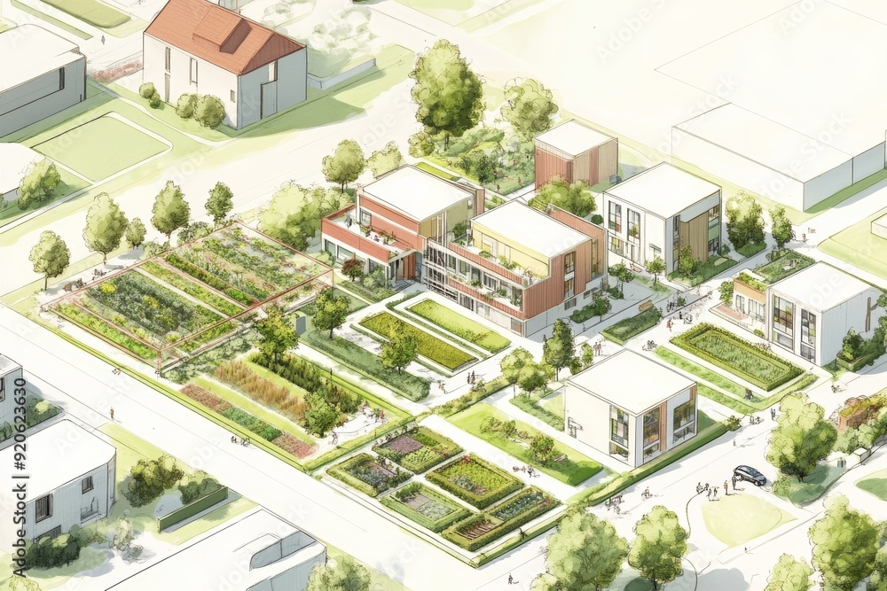 Conceptual drawing of a green urban neighborhood, with shared gardens and rainwater harvesting, High-resolution, detailed textures, crisp focus Conceptual drawing of a green urban neighborhood, with shared gardens and rainwater harvesting, High-resolution, detailed textures, crisp focus