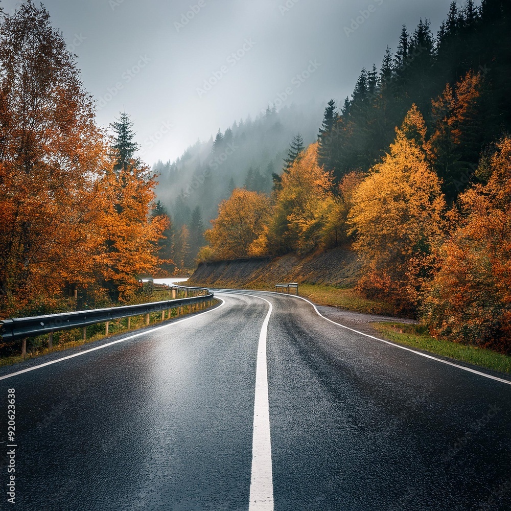 Fototapeta premium Autumn Journey: Winding Mountain Road Through Rain-Kissed Forest 